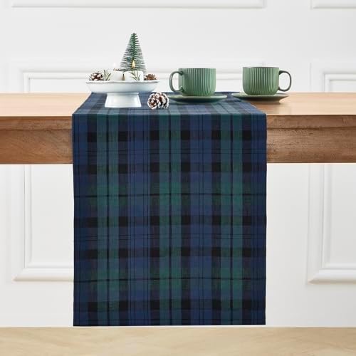 Solino Home 100% Pure Linen Table Runner, 14 x 90 in, Blue and Green Plaid by SolinoHome