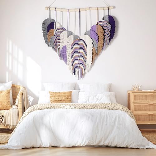 Amestrina Large Macrame Wall Hanging, Boho Chic Macrame Wall Decor, Bohemian Leaf Feather Macrame Wall Art, Handmade Macrame Wall Hanging Tapestry for Bedroom Living Room 31" Wx 31" L (Purple) - Image 3