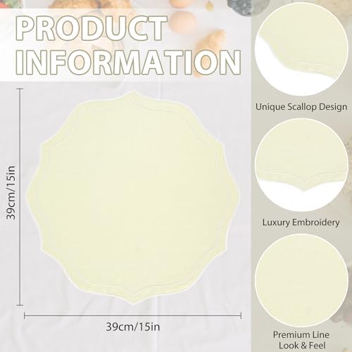 Set of 8 Cotton Linen Placemats, 15x15 Round Scalloped Cloth Table Mats, Embroidery Machine Washable, Wrinkle Resistance Fabric Place Mats for Wedding Summer Baby Shower Party Table Decor-Milky - Image 2