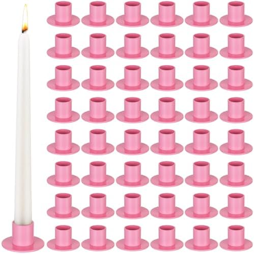 48 Pcs Taper Candle Holders Bulk for Wedding Pillar Candles Metal Taper Candlesticks Holders Centerpieces Short Candle Stick Dinner Decor for Party Anniversary Dinning Table Gift (48, Pink) by PINKXHY