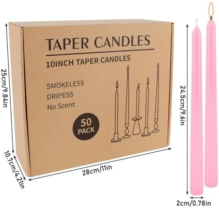 50-Pack Pink 10-Inch Taper Candles: Unscented Dripless Candlesticks with 8-Hour Burn Time - Elegant Dinner Candles for Valentine's Day, Romantic Dinners, Wedding Centerpieces, & Special Event Decor - Image 3