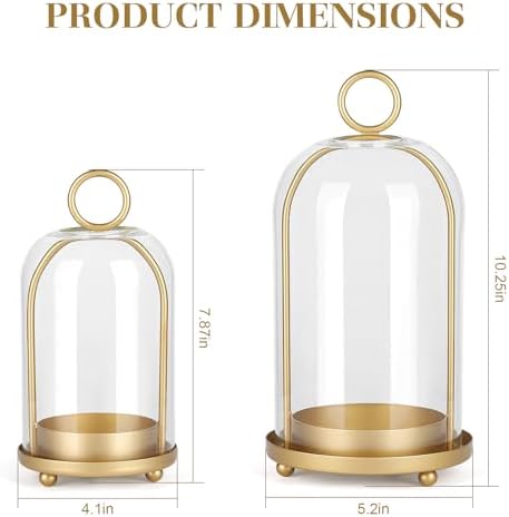 Versatile Metal Candle Holder Set with Handmade Glass Dome,Antique Brass Pillar Candle Stand, 5.2" & 4.1" Wide for Tabletop or Hanging, Industrial & Farmhouse Decor - Image 2