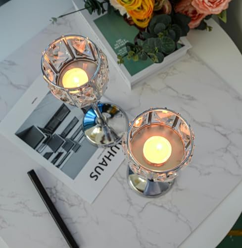 Crystal Tealight Candle Holders Set of 6 (9''/11''/13'') - Elegant Metal & Glass Centerpieces for Stunning Home Decor (Silver) - Image 6