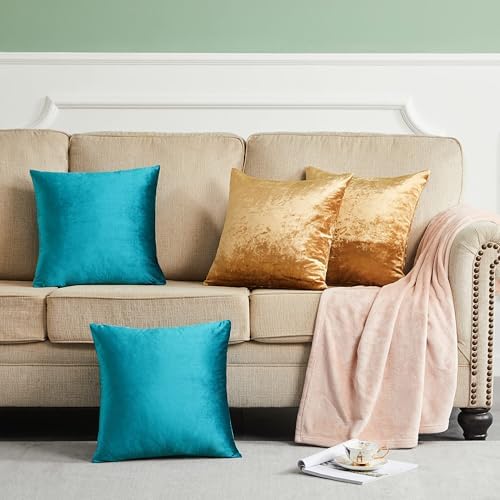 GIGIZAZA Pack of 4 Decorative Velvet Pillow Covers 20x20 Teal Gold - Image 5