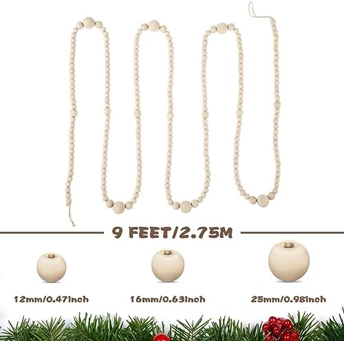 Ceenna 8 Pcs 9ft Rustic Christmas Wooden Bead Garland, Total 72ft, Natural - Image 3