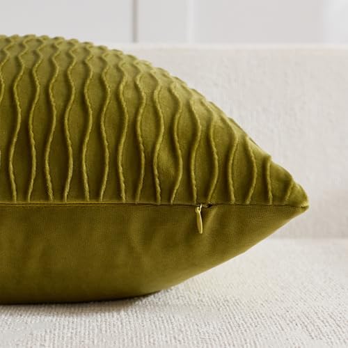 DEZENE 24x24 Moss Green Throw Pillow Cases: Pack of 2 Vertical Ripple Striped Velvet Square Decorative Pillow Covers for Farmhouse Couch Sofa Bed Living Room Home Decor - Image 3