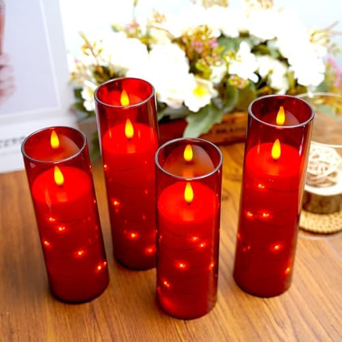 Flameless Candles,with Embedded Star String, Battery Operated Candles Flickering LED Pillar Candles with Remote Control and Timer, Home Decoration Add a Warm and Romantic Atmosphere，Set of 7 (Red) - Image 4