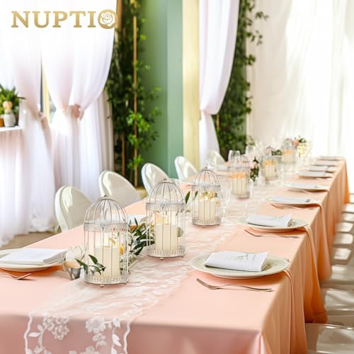 NUPTIO Decorative Bird Cage Lantern: 2 Set of 10 inch Tall Rustic White Birdcage Lanterns Centerpiece Vintage Decorating Metal Pillar Candle Holder for Christmas Bridal Shower Party Decor - Image 4