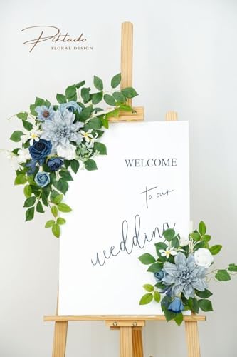 Wedding Decor (Pack of 2) Welcome Sign Flower Backdrop Garland for Ceremony Reception Wall Easel Home Decoration Entryway Faux Outdoor Board Head Table Decor (Dusty Blue & Navy) - Image 2