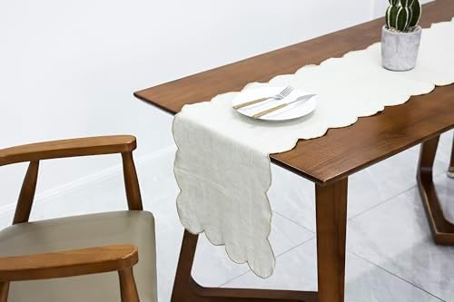 100% Natural Linen Rustic Scalloped Embroidery Table Runner 132 Inches Long, Linen Table Runner 14 x 132 Inch for Dresser and Dining Tables Decor, 12-14 Sets, 14''x132'' Linen(Edges-Gold) - Image 5