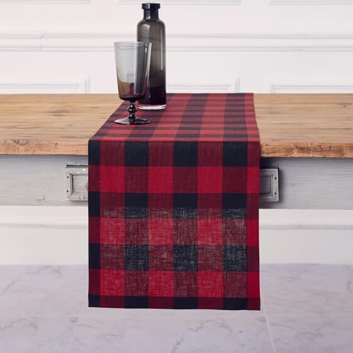 Solino Home 100% Pure Linen Table Runner, 14 x 132 in, Red and Black Check by SolinoHome