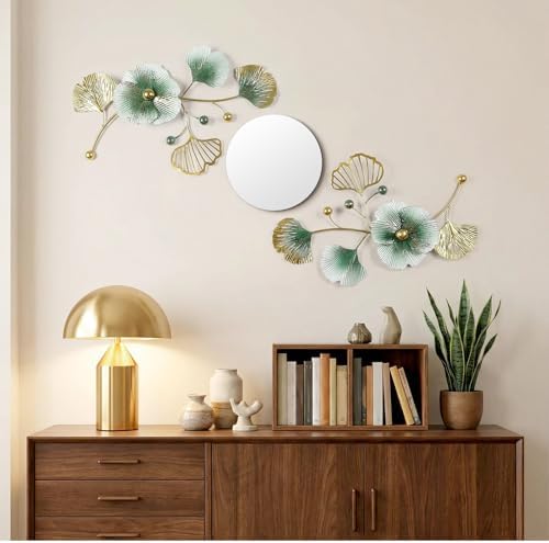 Tandefio 3 Pcs Metal Decorative Wall Mirrors for Living Room Metal Ginkgo Leaf Mirror Modern Creative Wall Decor Art Hanging Decor Mirror for Entrance Bedroom Living Room (Gold Green,16.inches) - Image 3
