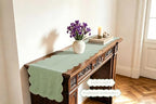 100% Natural Linen Rustic Scalloped Embroidery Table Runner 120 Inches Long, Linen Table Runner for Dresser and Dining Tables Decor, 10-12 Sets, 14''x120'' , Sage Green(Edges-Gold) - Image 3