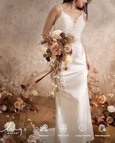 Ling's moment Artificial Wedding Fall Flowers Deluxe Combo, Beige & Brown - Image 6