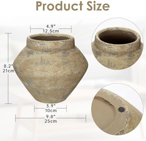Briful Large Rustic Ceramic Vase with Distressed Finish, 8.2'' Tall Wide-Belly Decorative Flower Vases with Felt Pads, Retro Style Pottery for Home Decor, Table Centerpiece, Yellow Brown - Image 3
