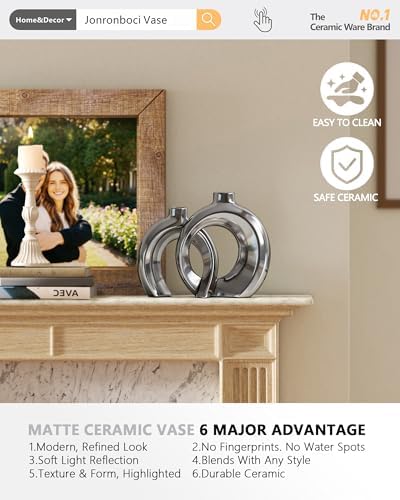 Set of 2 Silver Ceramic Vases for Home Decor Accents - Unique Hollow Donut Artistic Design Modern Contemporary Glam Style Decorative Vases for Shelf, Mantel, Entryway Table Decor (Matte Silver) - Image 5