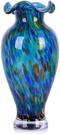 12in Tall Hand Blown Glass Vase Unique Ruffle Wide Mouth Vases, Elegant Modern Glass Flower Decorations Vase, Beautiful Colorful Vases for Home Living Room Bookshelves Wedding High End Centerpieces by LCCCK