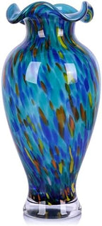 12in Tall Hand Blown Glass Vase Unique Ruffle Wide Mouth Vases, Elegant Modern Glass Flower Decorations Vase, Beautiful Colorful Vases for Home Living Room Bookshelves Wedding High End Centerpieces by LCCCK