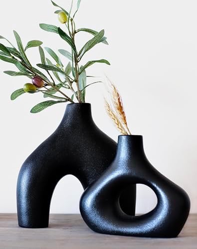 Carrot's Den Black Ceramic Modern Vase Set of 2, Donut Shelf Decor, Black by CarrotsDen
