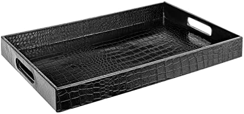 Black Leather Serving Tray with Handles, Glossy Faux Crocodile Print, 17.5x12 Food Drinks Tray for Coffee Table, Breakfast, Dinner & Bar, Decorative Storage Tray for Ottoman, Kitchen, Bedroom, Gift. by HomeRedefined