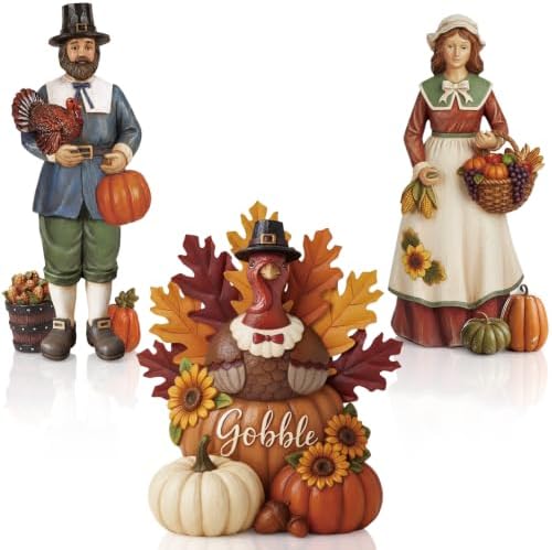 Simgoing 3 Pcs Fall Thanksgiving Figurine Resin Turkey Pilgrims Table Decor by Simgoing