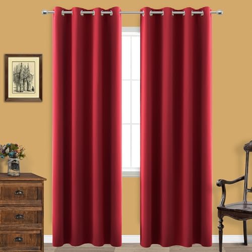 KOUFALL Curtains for Living Room,Black Out Curtain 96 Inches Long 2 Panel Set Red Blackout Decorative Window Treatments Thermal Curtains for Summer Insulated by KOUFALL