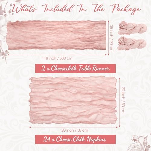 2 Cheesecloth Table Runners and 24 Napkins Set, 10Ft Boho Cheese Cloth Table Runners 20 x 20 Inch Rustic Wrinkled Gauze Napkins for Wedding Birthday Baby Shower Party Decor (Dusty Pink) - Image 2