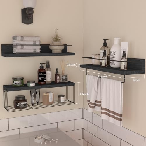 PopiShelves 22.5 inches Bathroom Shelves Over Toilet for Wall, Floating Shelves with Storage Basket Paper Holer for Kitchen Living Room, Bedroom & Classroom, Set of 3 (Black) - Image 2