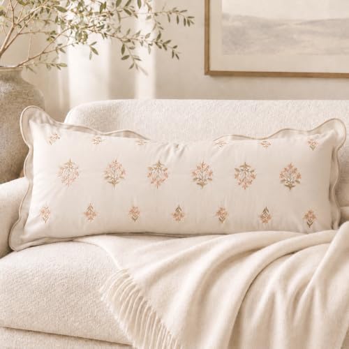BlissBlush Long Lumbar Pillow Cover 14x36 for Bed, Cream White Velvet Decorative Lumbar Pillow Cover, Floral Accent Cushion Cover with Embroidery and Scalloped Edge for Couch Sofa Bed, Cover ONLY by BlissBlush