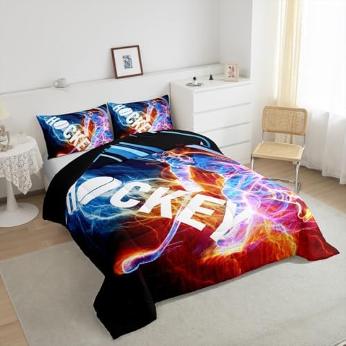 Ice Hockey Comforter Set Queen, Puck Hockey Player Bedding Sets for Kids Boys Girls Teens, Red Blue Lightening Duvet Insert, Winter Sports Game Down Comforter Bedroom Decor for All Season, 3 Pieces - Image 5
