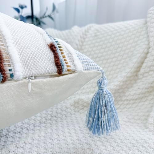 NUYECY Chenille and Cotton Long Pillow for Bed,Striped Textured Boho Long Lumbar Throw Pillow Cover 16x36,Neutral Accent Decorative Body Pillow Case for Couch Sofa Bedroom,Light Blue Earth Tones - Image 3