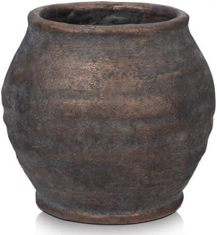 Briful Rustic Vintage Ceramic Pottery Vase, 6.1'' Farmhouse Table Decor with Distressed Texture, Wide Mouth Decorative Jar Vases for Home Decor, Shelf & Entryway, Brown by Briful