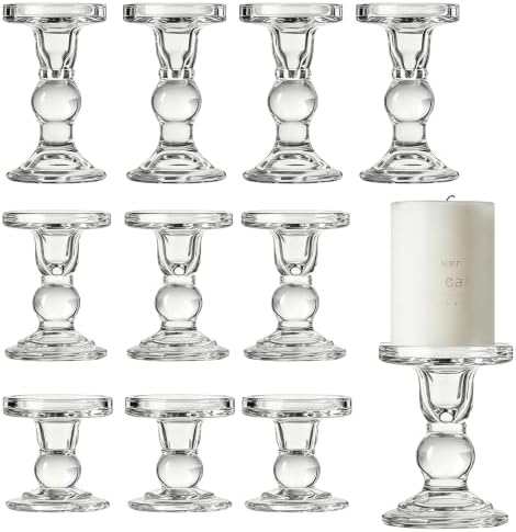 12 Pcs Glass Candle Holders, Clear Crystal Candlestick Holders for Pillar by Unknown