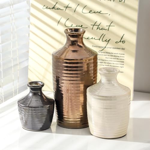Set of 3 Ceramic Vases for Home Decor - Metallic Color Modern Handcrafted Flower Vases for Living Room, Kitchen, Bedroom, Bathroom and Office - Decorative Vase - Table Centerpieces for Home Decor - Image 2