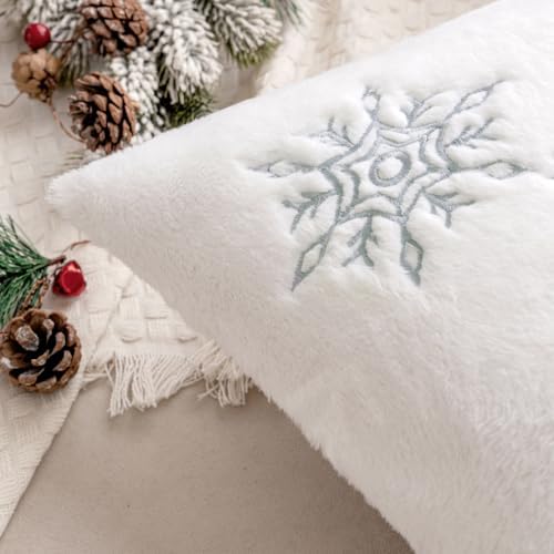 MIULEE Pack of 2 Christmas Decorative Throw Pillow Covers Soft Faux Fur Pillow Cases with Embroidery Snowflake Winter Cute Pillowcases Holiday Decor for Couch Sofa Bedroom, 18×18 Inch, Grey - Image 2