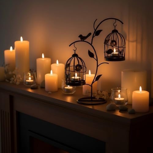 Decorative Birdcage Candle Holders for Tealight Candles, 13.8in Tall Black Vintage Candle Holder, Metal Bird cage Candle Stands for Rustic Home Decor Table Wedding Christmas Centerpiece Bird Decor - Image 3
