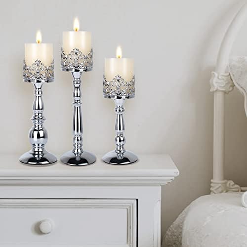 Candle Holders for Pillar Candles Set of 3 Silver Vintage Tall Candle Holders Decorative Large Table Centerpieces Candle Stand Decor - Image 5