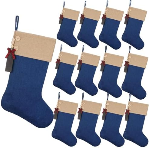 Burlap Christmas Stocking, Blue, 19.5 Inch, 12Pcs by Unknown