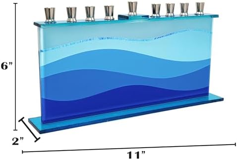 The Dreidel Company Blue Wave Design Glass Candle Hanukkah Menorah, Handcrafted Design, 11 Inch - Image 2