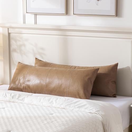 Fancy Homi Light Brown Boho Long Lumbar Faux Leather Decorative Throw Pillow Covers 14x36 Inch for Living Room Couch Bed Sofa, Hand Stitched Rectangle Cushion Case, Rustic Modern Farmhouse Home Decor - Image 2