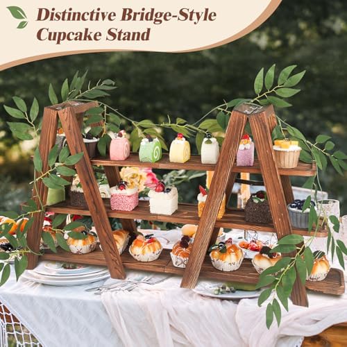 Wisreach Wooden 3-Tier Cupcake Stand with Removable Trays & Vine Decoration — Foldable Party Display Serving Ladder with Platter for Cake, Snacks, Fruits, Chips, Bread - Image 2