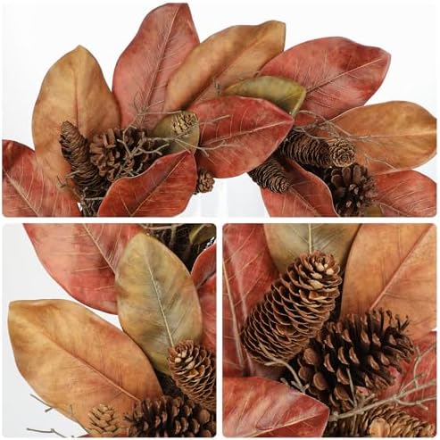 Briful 24 Inch Artificial Magnolia Leaves Wreath with Pinecones - Image 3