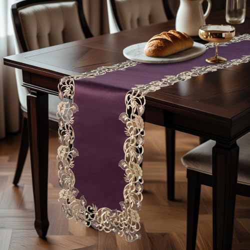DECOZEN Gold Lace Plum Christmas Table Runner – Embroidered Dining & Dresser Decor Scarf for Holiday Tables, Weddings & Parties – 14 x 108 in Elegant European Falling Tarantino Collection - Image 3
