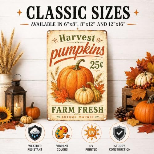 Decorative Tin Sign Vintage Metal Tin Sign Rustic Distressed Finish Harvest Pumpkins Farm Fresh Wheat Wall Decor for Farmhouse Kitchen Pantry Market 12×16 Inches with Metal Frame - Image 2