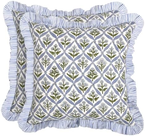 Ridhi Light Steel Blue Floral Block Print Throw Pillow Covers 20x20 Inch by Ridhi