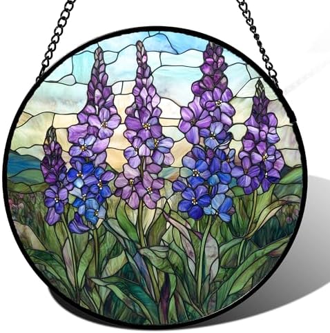 Purple Lupine Flowers Stained Glass Window Hanging Suncatcher Gift 9.8" by Follow