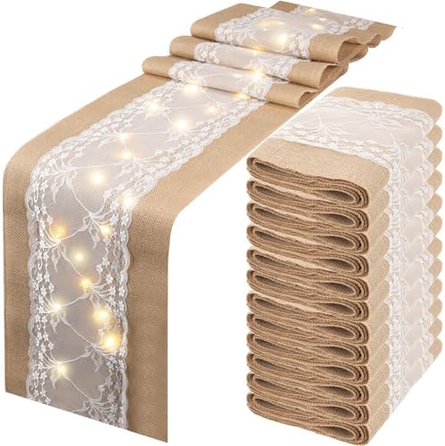 Xinnun 12 Pcs Burlap Table Runners with Lights Lace, 12 x 108 in, Vine by Xinnun