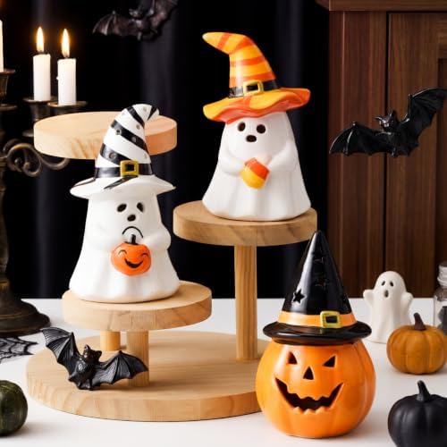 Patelai 3 Pcs Light up Ceramic Ghost Pumpkin Figurines Halloween Decoration - Image 3