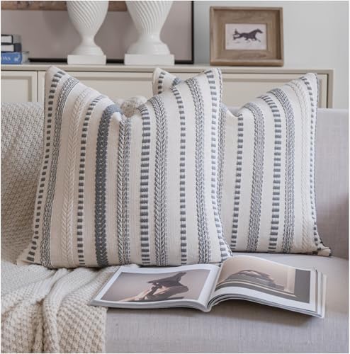 Cethom Grey Boho Throw Pillow Covers 22x22 Inch Set of 2, Stripe Textured Decorative Couch Pillow Cases for Bed, Sofa, Living Room, Bedroom, Farmhouse Home Accent Cushion Covers by Cethom