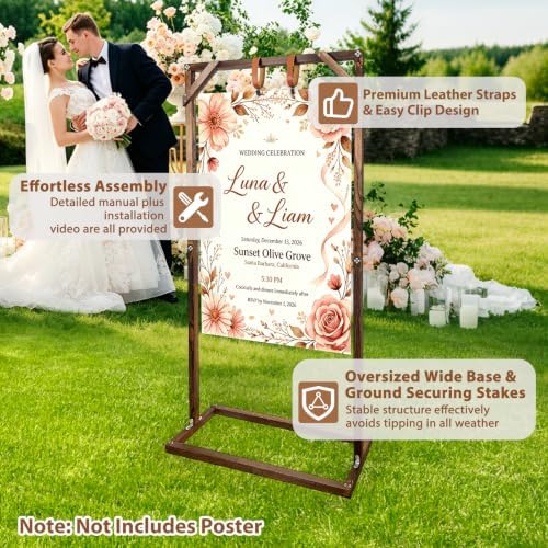 Wooden Welcome Sign Stand, Fixed Sign Holder , Wedding Welcome Sign Stand Wood Easel with Hanging Straps & Ground Stakes for Wedding decor, Birthday Party or Any Event, 63" x 30" x 11.8" - Image 3